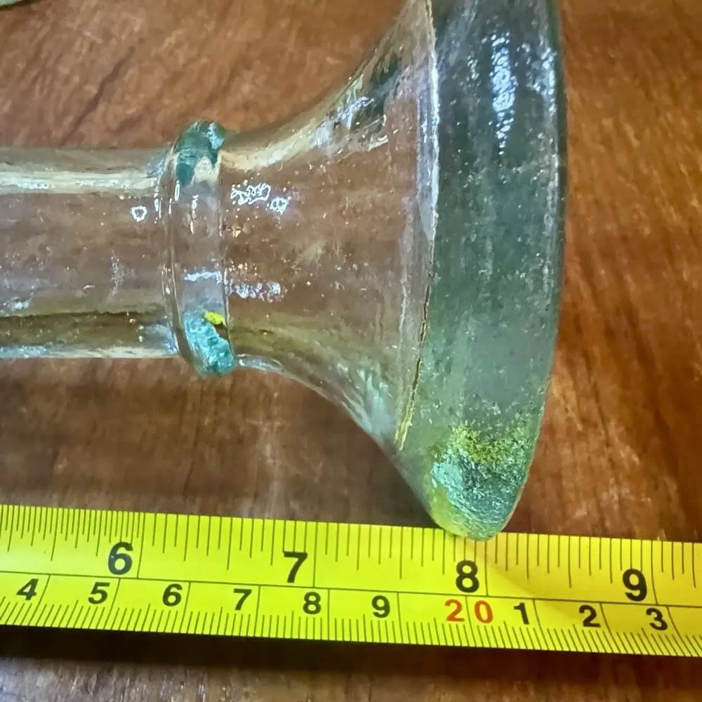 Pair Antique Hand Blown Glass Taper Candlesticks Aqua Green Pontil 8”